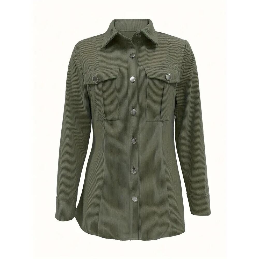 NEW Corduroy Shirt Women's XL Army Green Button Down Casual Pockets Oversized - Picture 3 of 6